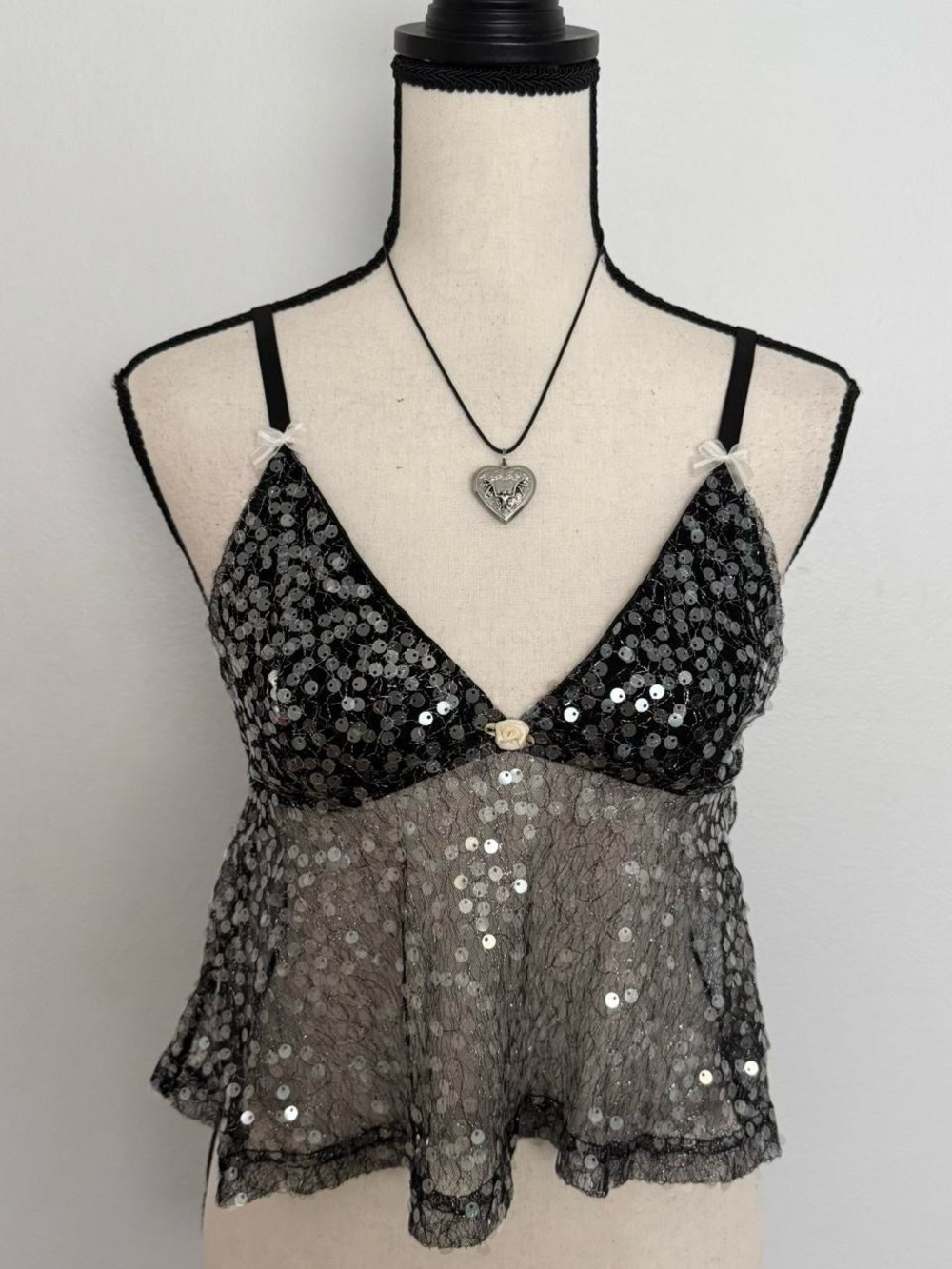 Black Sequin Sheer Babydoll Tank Top